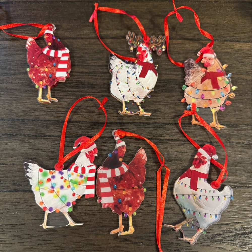 Festive Chicken Ornaments with Red Accents 6 total